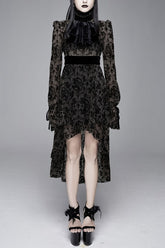 Black Floral Flocking Printed Long Sleeves Velvet With Tie Womens Gothic Dress